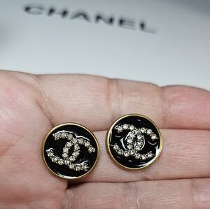 Chanel Vintage Y2K Ebony and Gold Stud Logo Earrings Stamped NEW
